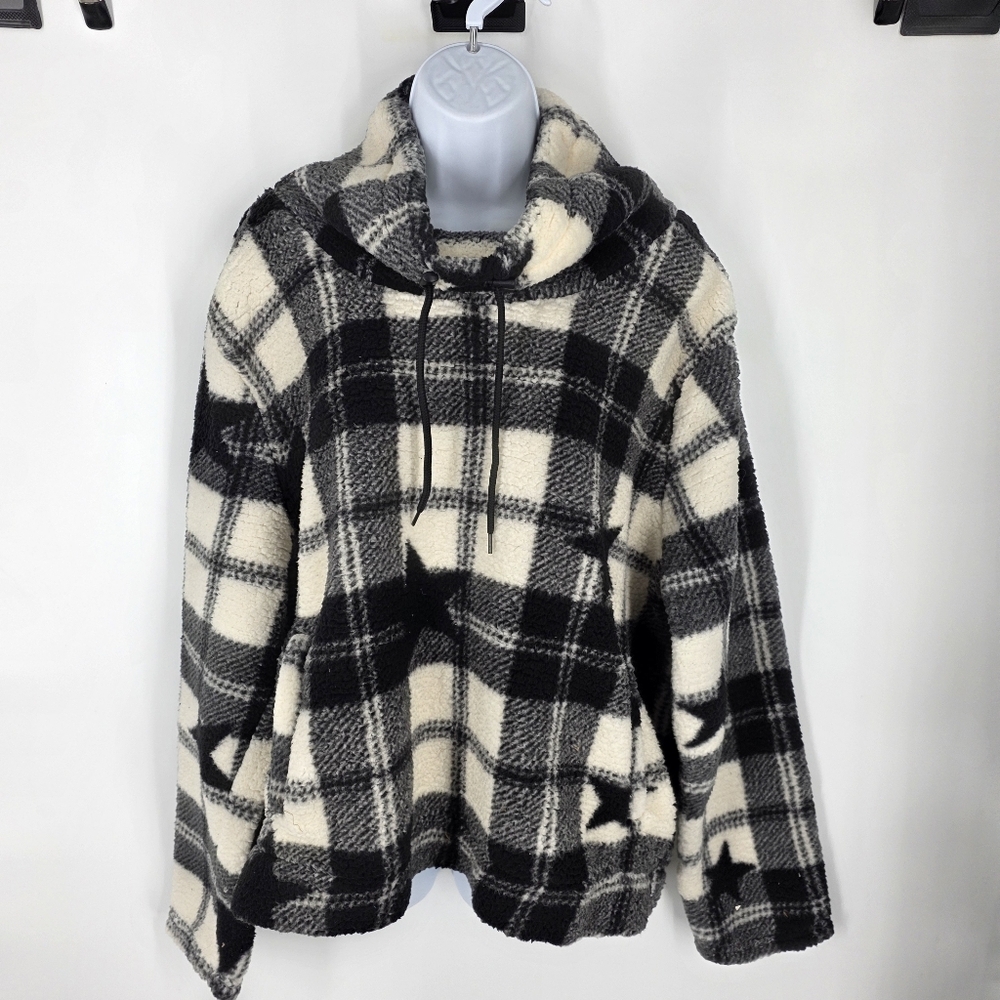 Marissa Olivia Star Plaid Sherpa Fleece Pullover Women's XL Buffalo Check Funnel